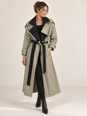 Topshop Two Tone Trench Coat with Black Contrast Collar & Belt